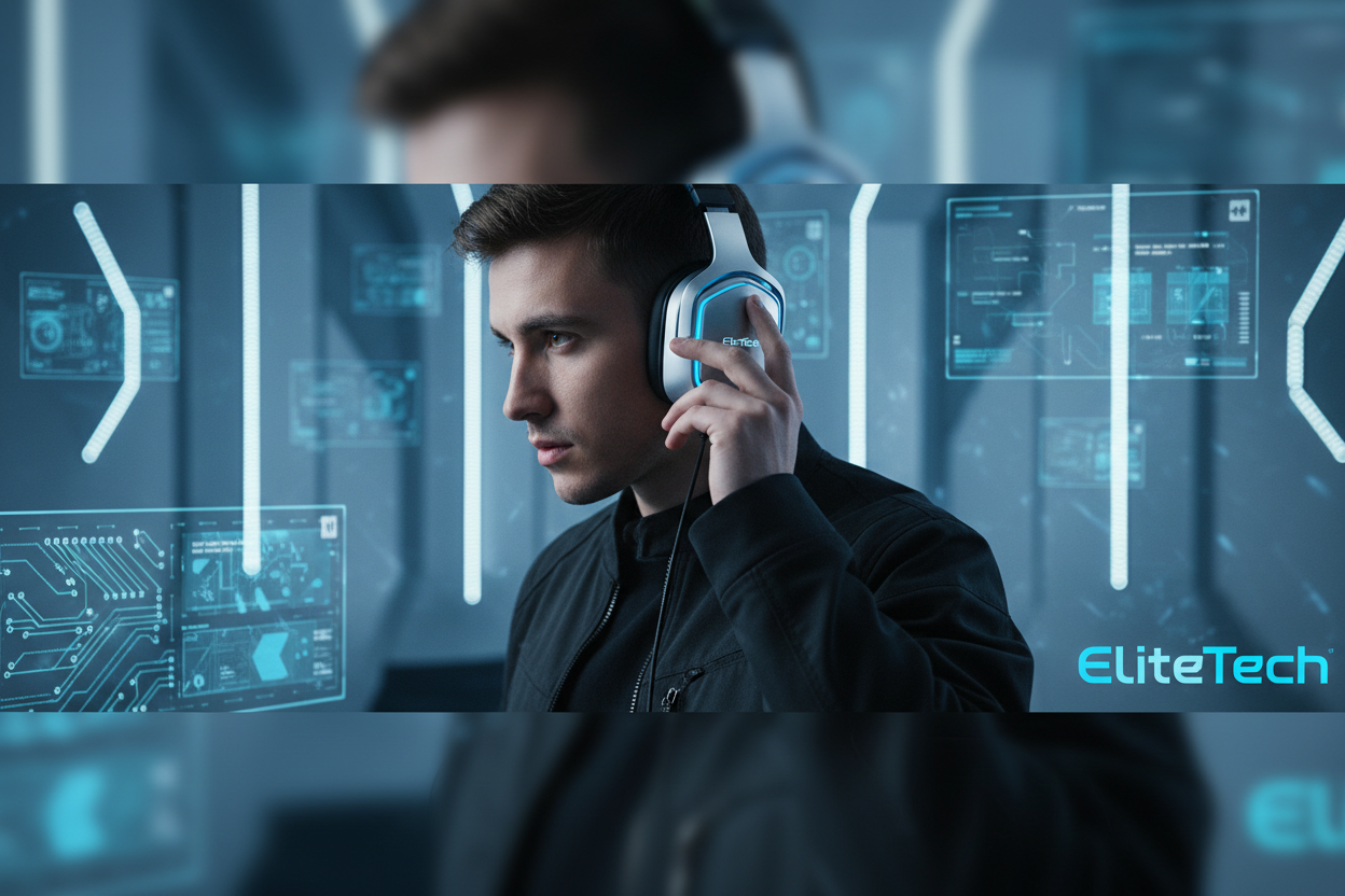 give me banner of human in EliteTech puting on Gaming Headphones