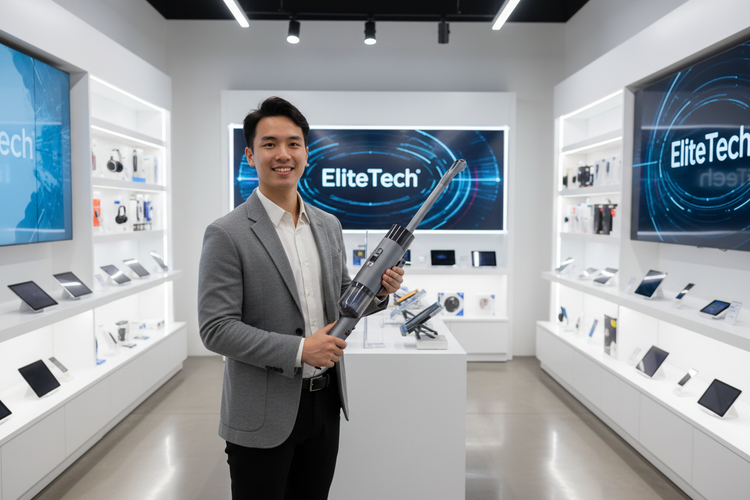 banner of human in EliteTech store holding Handheld Vacuum Cleaner 